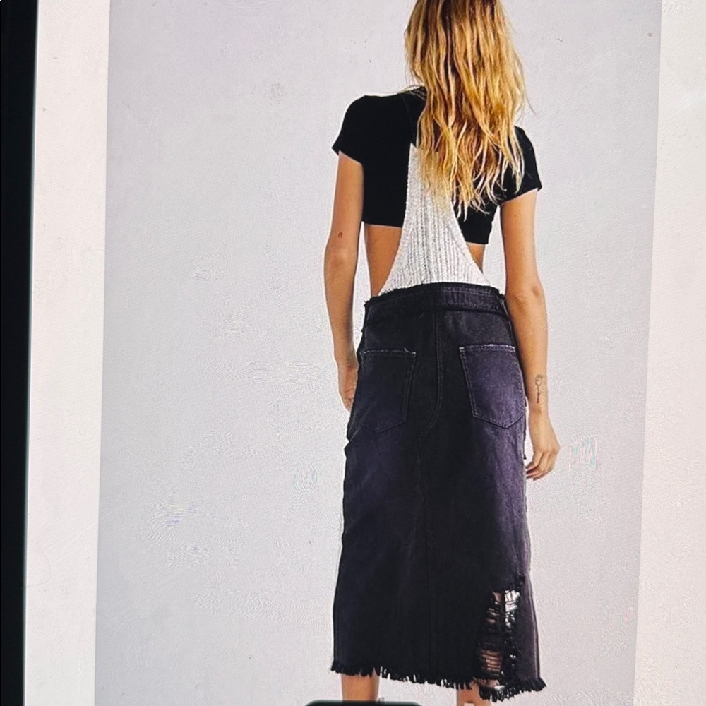 Free People Brighton Skirtall Overalls Denim Cable Knit  Black Ivory Knit